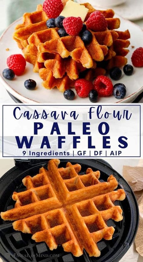 These easy paleo cassava flour Belgian waffles are crispy on the outside but fluffy and elastic on the inside. They're grain-free and vegan, and their mild flavor goes equally well with sweet or savory toppings. A great gluten-free recipe for weekend mornings! | A Meal In Mind @amealinmind #amealinmind |Easy Paleo Waffles | Gluten-Free Waffles | Grain-Free Breakfast | Inflammatory Meals, Almond Flour Waffles, Best Waffle Recipe, Paleo Waffles, Healthy Waffles, Cheese Waffles, Crispy Waffle, Gluten Free Waffles, Cassava Flour