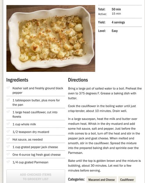 Cauliflower Mac n Cheese Pioneer Woman Cauliflower Mac And Cheese, Cauliflower Mac N Cheese, Sides Dishes, Cauliflower Mac And Cheese, Counting Carbs, Green Meals, Pampered Chef Recipes, Veggie Meals, Lean And Green Meals