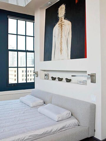 Bedroom Niche, Wall Behind Bed, Contemporary Style Bedroom, Contemporary Bedrooms, Downtown Lofts, Minimalist Modern Art, Loft Modern, Perfect Blue, Modern Loft