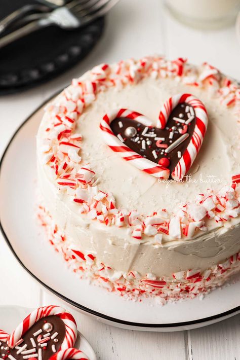 This 6 inch Single Layer Peppermint Chocolate Cake recipe gives you a moist and chocolatey, peppermint-flavored cake! Enjoy it with this light and refreshing peppermint swiss meringue buttercream for the ultimate chocolate-peppermint combo! Full recipe on BeyondtheButter.com! Peppermint Chocolate Cake, Dairy Queen Cake, Chocolate Peppermint Cake, Milk Chocolate Frosting, Peppermint Cake, Peppermint Chocolate, Single Layer Cakes, Mini Candy Canes, Christmas Platter