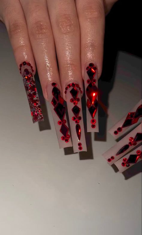 Black And Red Bling Nails, Extra Nails, Classy Acrylic, Black Acrylic Nails, Cute Acrylic Nail Designs, Dope Nail Designs, Classy Acrylic Nails, Red Nail, Pink Acrylic