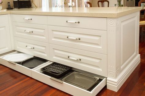 Kick Board Drawers, Long Kitchen Drawers, Specialty Kitchen Drawers, Kickboards Kitchen, Kitchen Kickboard Ideas, Kickboard Drawers, Kitchen Island Drawers Layout, Must Have Kitchen Cabinet Features, Kitchen Kickboard