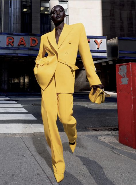 Monochromatic Yellow, Adut Akech, Editorial Model, Monochromatic Fashion, Home Wear Women Pajamas, Home Wear Women Casual, Corporate Fashion, Monochrome Outfit, Woman Suit Fashion