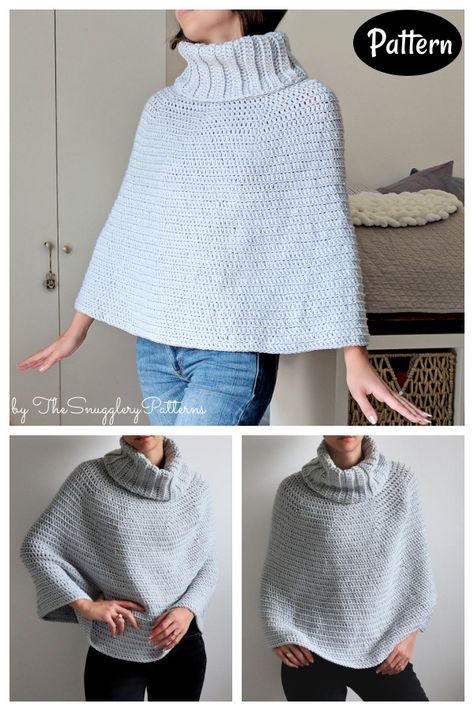 Unusual Crochet, Poncho Crochet Pattern, Knitting Poncho, Poncho Crochet, Cowl Neck Poncho, Crochet Poncho Patterns, Crochet Design Pattern, Hooded Poncho, Crochet Wrap