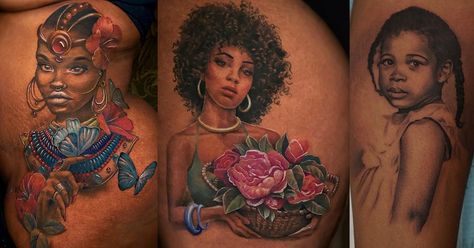 Colour Tattoo On Black Skin, Tattoos Black Women Dark Skin, Dark Skin Women Tattoo Ideas, Color Tattoos On Black Women, Black Skin Color Tattoo, Watercolor Tattoo Dark Skin, Coloured Tattoos On Brown Skin, Tattoo Black Women Dark Skin, Fine Line Tattoo Dark Skin