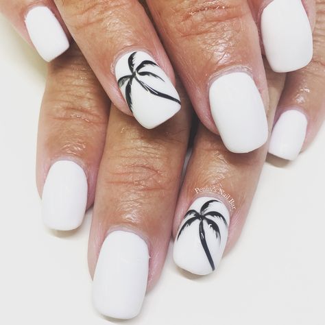 Hand painted Palm trees using The GelBottle 3d Black gel over gelbottledaisy white Black And White Palm Tree Nails, White Nails With Palm Tree, Black Palm Tree Nails, White Palm Tree Nails, Black And White Tropical Nails, White Holiday Nails Summer, White Beach Nails, White Toenail Designs, Hawaiian Flower Nails