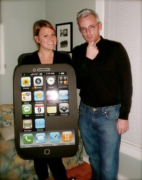 Our iphone and steve jobs halloween costume from last year! Steve Jobs, Halloween Costume, Halloween Costumes, Holidays, Halloween, Iphone