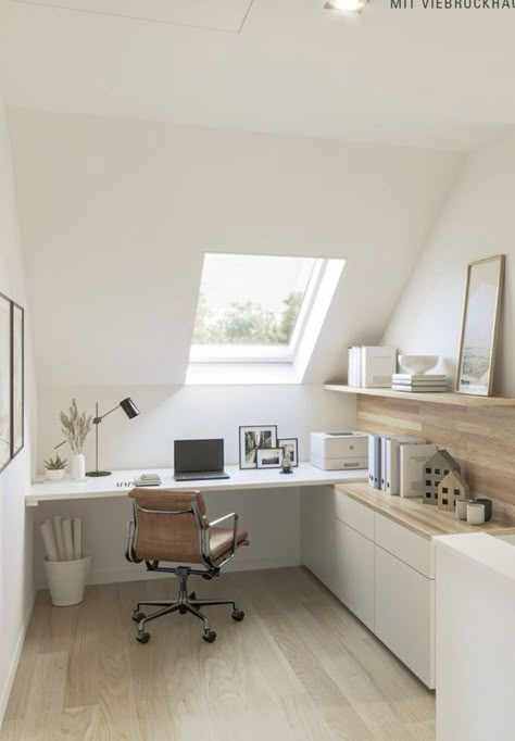 Home Office Sloped Ceiling, Small Loft Office, Slanted Ceiling Office, Small Attic Office, Attic Office Ideas, Mezzanine Office, Aesthetic Home Decor Ideas, Attic Office, Dresses Office