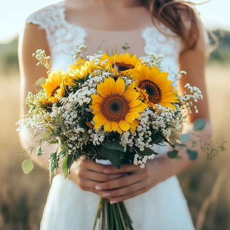 Super Amazing Sunflower Wedding Ideas – Sarah Romanowski Wedding Design Sunflowers And White Roses Bouquet, Fake Sunflower Bouquet, Sunflower Wedding Aesthetic, Sunflowers For Wedding, Sunflower Bouquet Ideas, Sunflower Western Wedding, Simple Sunflower Bouquet, Wedding Sunflower Bouquets, Wedding Bouquets With Sunflowers