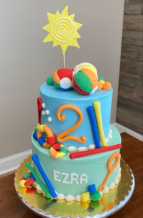 Splish Splash Birthday Cake, Pool Party Cake Ideas Boys, Splish Splash Birthday Party, Summer Birthday Cake, Pool Party Cakes, Pool Cake, 2 Tier Cake, Party Things, 2 Birthday Cake