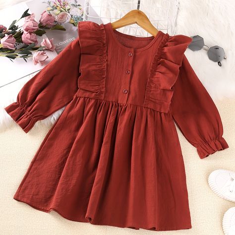 Solid Brick Red Children Girls Cotton Blend Red Spring Dress, Frocks For Babies, Ruffle Long Sleeve Dress, Long Sleeve Ruffle Dress, Baby Frock Pattern, Long Sleeve Cotton Dress, Red Long Sleeve Dress, Girl Red Dress, Frock Patterns