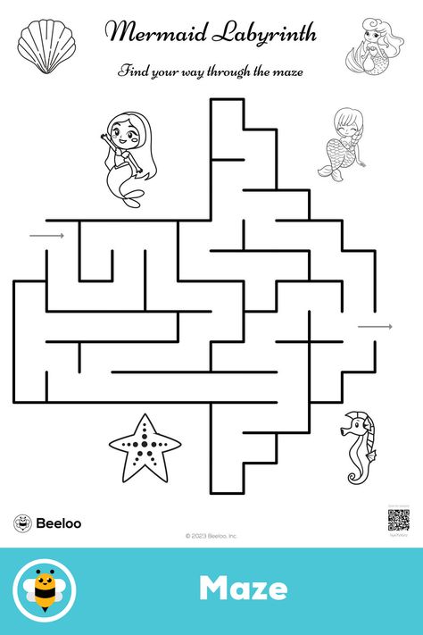 Easy mermaid-themed maze for kids ages 4 and up Mermaid Birthday Games Party Activities, Mermaid Escape Room, Mermaid Activities For Kids, Mermaid Bingo Free Printable, Mermaid Activity Sheets, Mermaid Activities, Mermaid Printables, Maze For Kids, Labyrinth Maze