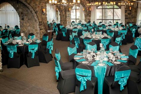 Teal and black Teal Wedding Decorations, Teal And Grey Wedding, Teal Wedding Theme, Black And White Wedding Ideas, Purple Turquoise Wedding, White Wedding Ideas, Black And Gold Party Decorations, Ballroom Wedding Dresses, Teal Wedding Colors