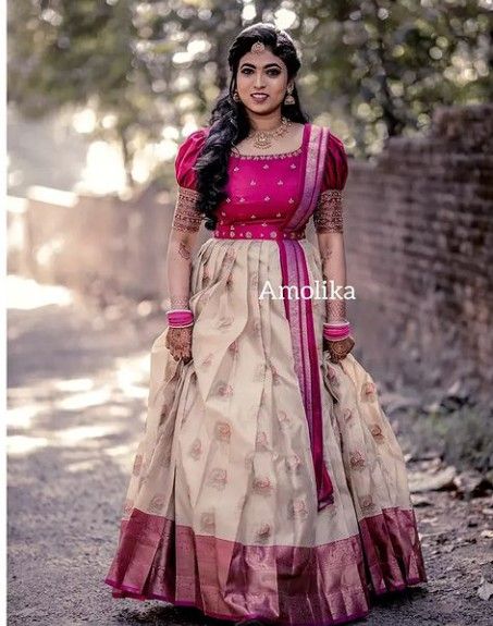 Sarees Frock Design, Traditional Dress Stitching Ideas, Pattu Saree To Long Frock, Long Skirt Blouse Designs Indian, Traditional Skirt Top Designs, Traditional Dawani Designs, Saree Stitched Lehenga, Pattu Langa Jacket Models For Women, Leganha Designs Pattu