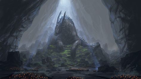 ArtStation - Dragon Cave, Davey Baker Cave Ruins Concept Art, Dragon Temple Fantasy Art, Dnd Landscape, Dnd Locations, Fantasy Reference, Cave Temple, Dragon Cave, Dragon Anatomy, Dark Cave