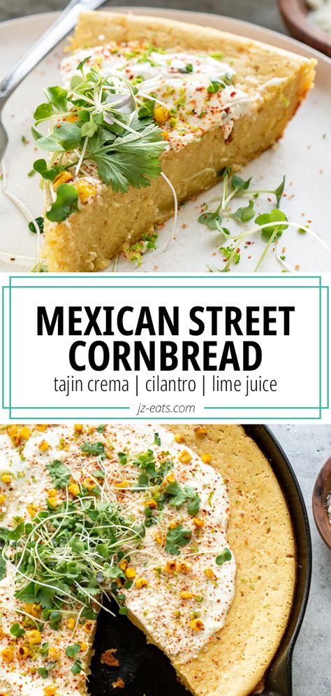 a slice of cornbread on a white plate Mexican Corn Dessert, Street Corn Cornbread, Mexican Street Corn Cornbread, Mexican Street Cornbread, Savory Cornbread Recipe, Cornbread Sweet, Cornbread With Corn, Tuesday Recipes, Savory Bread Recipe