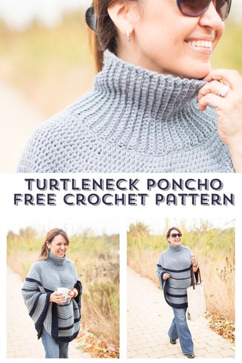 The Montana Poncho Crochet Pattern — Stitch & Hustle Crochet Turtle Neck Sweater Pattern Free, Free Crochet Poncho Patterns, Poncho Ideas, Club Crochet, Crochet Shrugs, Poncho Patterns, Needlecraft Patterns, Poncho Pullover, Crochet Beanies