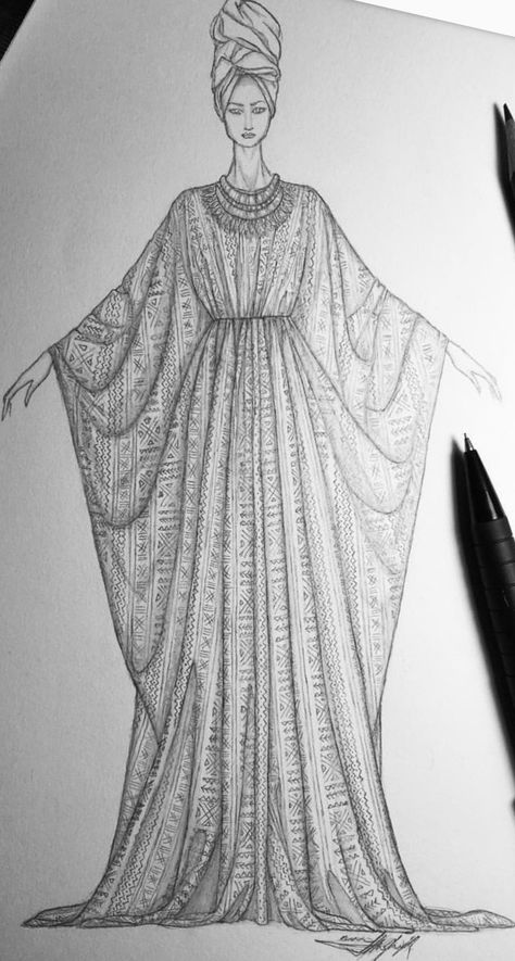 Kaftan Fashion Illustration, Kaftan Technical Drawing, Abaya Designs Drawing, Modest Fashion Design Sketches, Dress Drawing Easy, Illustration Rendering, Flatlay Clothes, Fashion Illustration Portfolio, Fashion Figure Templates