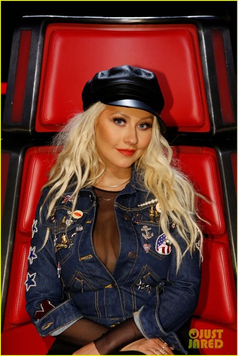 Christina Aguilera Rocks Purple Pierced Hair on 'The Voice' Pinterest: KarinaCamerino Christina Aguilera The Voice, Single Braid, Old Singers, Christina Aguilera, Just Jared, Purple Hair, Record Producer, American Singers, Sweater Jacket