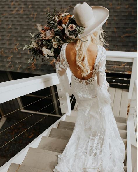 Rue De Seine Bridal on Instagram: “The hair, that hat, those blooms, and the Adelia Lune Gown 🙌 ・ photo: @brittneyrobertsphotos blooms: @welovemoss bride: @kristenrowsey ・…” Wedding Hats For Bride, Bride With Hat, Wedding Mountains, Rue De Seine Bridal, Festival Bride, Wedding Gowns With Sleeves, Gown Photos, Designer Wedding Gowns, Bohemian Bride