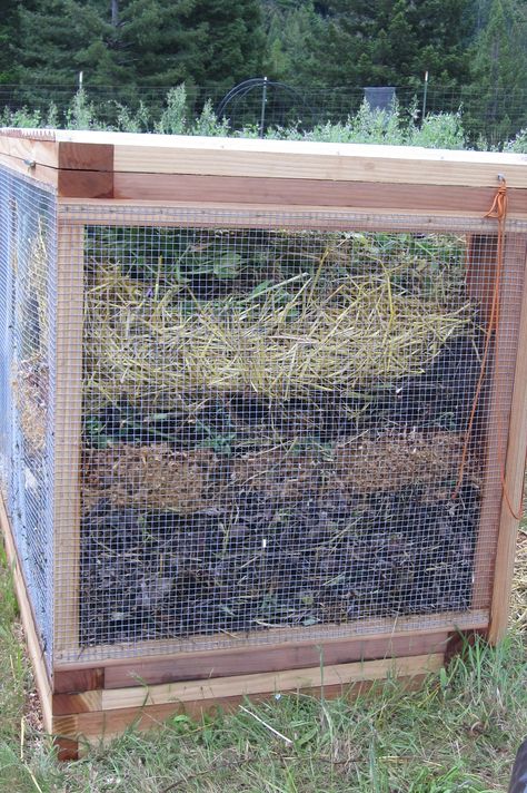 Three bin compost system, from one end. Critter-proof. Chicken Coop Compost Bin, Chicken Compost Pile, Chicken Compost, Bear Proof Compost Bin, Rat Proof Compost Bin, Community Compost, Compost System, Chicken Composting, Outdoor Compost Bin