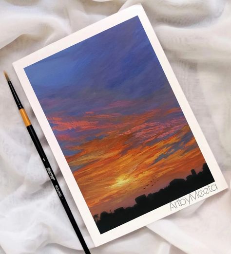 Sunset Sunset Gouache Painting, Gouache Sunset, Dramatic Sunset, Buddha Art Drawing, Paintings Landscape, Sky Art Painting, Gouache Art, Moon Painting, Painting Art Lesson