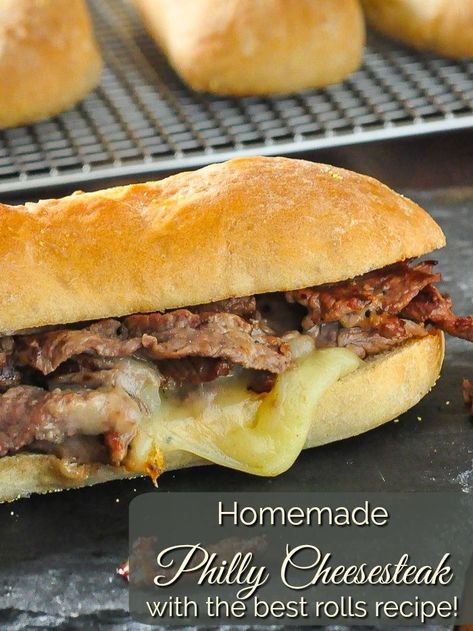 Homemade Philly Cheesesteak, a near perfect version of this famous sandwich that you can make at home, on the closest thing to an authentic cheesesteak roll I've ever tried. #sandwiches #superboel #gamedayfood #tailgating Best Roll Recipe, Homemade Philly Cheesesteak, Easy Weekday Dinners, Cooking And Baking Recipes, Philly Cheese Steak Recipe, Cheese Steak Sandwich, Rock Recipes, Hoagie Rolls, Philly Cheese