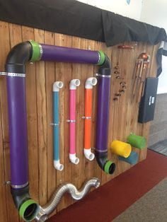 DIY Sensory/Music Wall for children with vision impairments. Simple layout to avoid visual clutter but enough items to provide experiences with cause and effect. Maker Fun Factory Vbs 2017, Maker Fun Factory Vbs, Maker Fun Factory, Diy Sensory, Sensory Wall, Sensory Rooms, Sensory Garden, Sensory Boards, School Playground