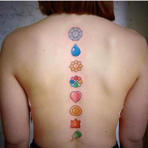 pokemon gen 1 gym badges spine tattoo Pokemon Gym Badges Tattoo, Pokemon Gym Badges, Pokemon Badges, Gym Badges, Walking Art, Nerd Tattoo, Pokemon Gym, Pokemon Tattoo, Kawaii Tattoo