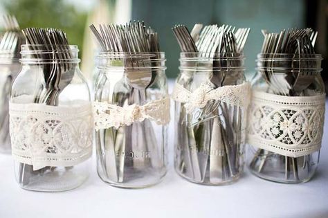 Lace Mason Jar Decor Tafel Decor, Wedding Buffet, Diy Event, Rustic Bridal, Bridal Shower Rustic, Rustic Country Wedding, Event Styling, Handmade Wedding, Rustic Diy