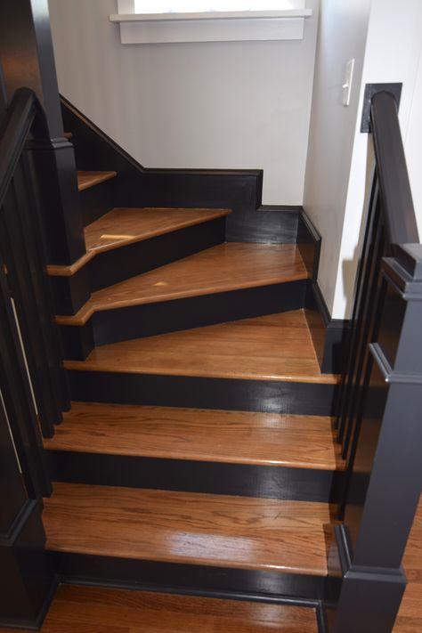 Black Staircase Railing Wood, Black Stairs With Wood Steps, Painted Trim Staircase, Painting Oak Railings, Black Painted Staircases, Black Trim Staircase, Black Stained Trim, Black And Brown Staircase, Black And Gold Staircase