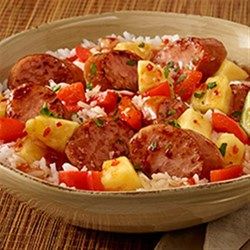 Hawaiian Pineapple Sweet & Sour Smoked Sausage Cuban Beans And Rice, Cuban Beans, Sweet Chili Garlic Sauce, Smoked Sausage Recipes, Beans And Rice, Spicy Sausage, Chili Garlic Sauce, Chicken Sausage, Smoked Sausage