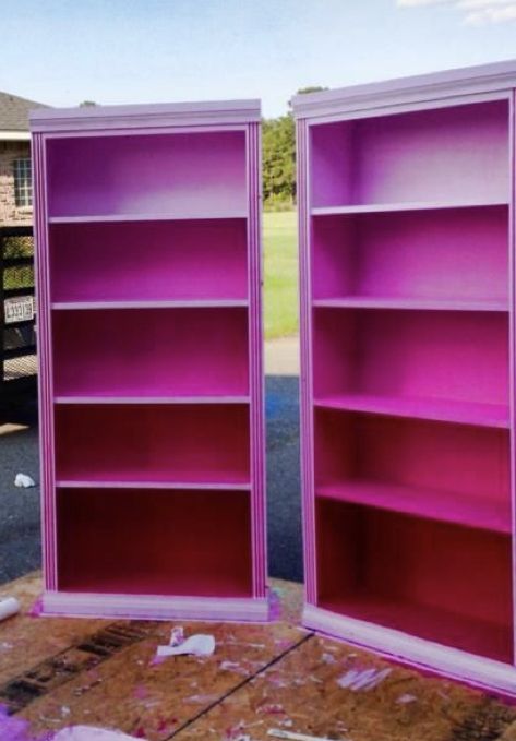 Cool Bookshelf, Pink Bookshelf, Ombre Bookshelf, Pink And White Book Shelf, Funky Painted Bookshelf, Hot Pink Bookshelf, Bookshelves Rainbow, Rainbow Order Bookshelf, Diy Bookcase Makeover