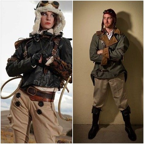 This costume only requires a few key elements to make it work: 1. Aviator hat & goggles (essential). 2. Sturdy coat or jacket (preferably long or bomber style). 3. Knee high leather boots with tucked in trousers (can be stockings for ladies wearing a short bustle skirt). To expand on the basic look add some navigational gadgets (compass etc); belts; medallions; respirator mask etc. For an old fashioned jacket try hitting the op shops while you can get suitable leather boots from most shoe shops. Steampunk Aviator, Shoe Shops, Fair Outfits, Bustle Skirt, Ren Fair, Aviator Hat, Aviators Women, Characters Design, Op Shop