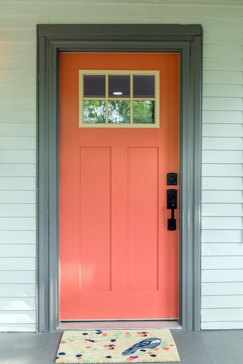 Green Home Exterior with Red Door Green Home Exterior, Coral Front Doors, Entry Door Colors, Orange Front Doors, Front Door Paint, Best Front Door Colors, Exterior Door Colors, Shutter Colors, Best Front Doors