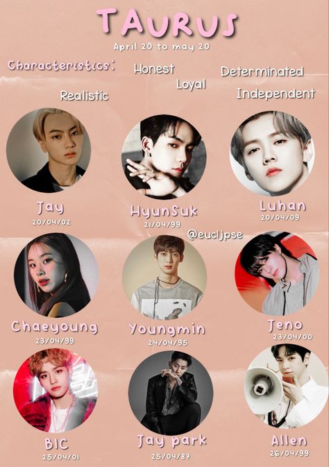 #taurus #taurusline #kpop #kpopedit #yearbook #astrology #jay #enhypen #hyunsuk #luhan #youngmin #boyfriend #jeno #nctdream #nct #bic #jaypark #allen #cravity Allen Cravity, Taurus Zodiac Sign, Zodiac Signs Taurus, Taurus Sign, Astrology And Horoscopes, Jay Enhypen, Perfect Skin Care Routine, Zodiac Traits, Jay Park