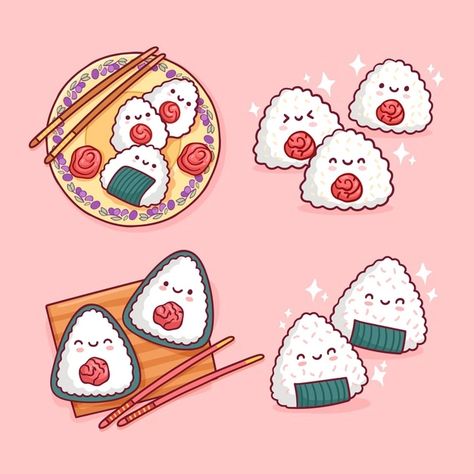 Free Vector | Kawaii delicious japanese umeboshi onigiri collection Pet Station, Kawaii Sushi, Kawaii Bento, Whimsical Art Journal, Kawaii Tattoo, Japanese Drawings, Rice Ball, Guard Dog, Kawaii Illustration