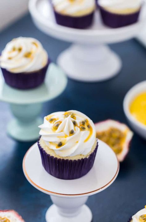 Passion Fruit Cupcakes, Passionfruit Cupcakes, Passion Fruit Puree, Coconut Cupcake, Tropical Cupcakes, Passionfruit Recipes, Fruit Cupcakes, Tropical Desserts, Summer Cupcakes