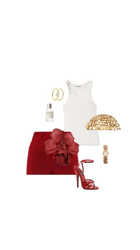 Step out in style with this chic ensemble: a vibrant red skirt that exudes confidence, paired perfectly with a cute white tank top for a fresh, clean look. Elevate your outfit with the cutest gold clutch bag, adding a touch of glamour. Slip into the perfect red heels that effortlessly elongate your silhouette. Complete your look with gold hoop earrings and matching accessories, ensuring every detail shines. Cute White Tank Top, Red Skirt Outfits, Eid Look, Gold Clutch Bag, Gold Clutch, Red Skirt, Red Heels, Matching Accessories, Red Skirts