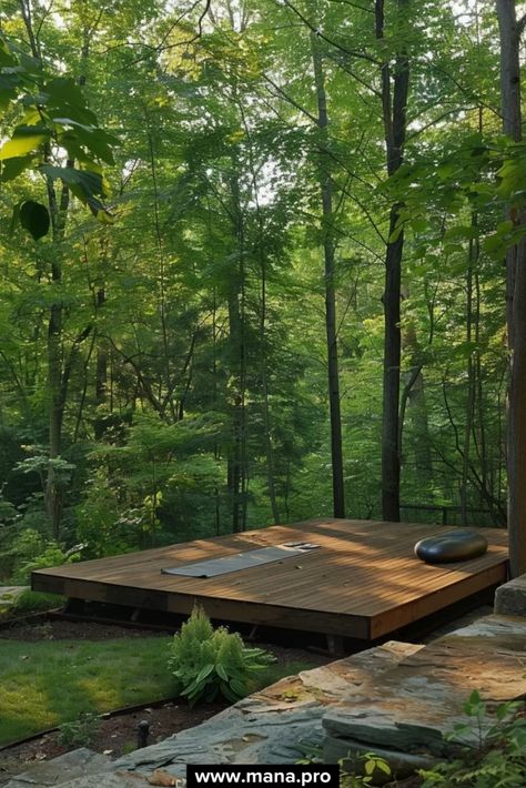 Build a wooden platform for yoga and meditation. Surrounded by nature, this space encourages physical and mental well-being, offering a perfect spot for morning or evening practice. Yoga Platform Outdoor, Outdoor Yoga Platform, Outdoor Yoga Space, Meditation Garden Ideas, Relaxing Outdoor Spaces, Yoga Platform, Forest Resort, Yoga Shala, Meditation Garden