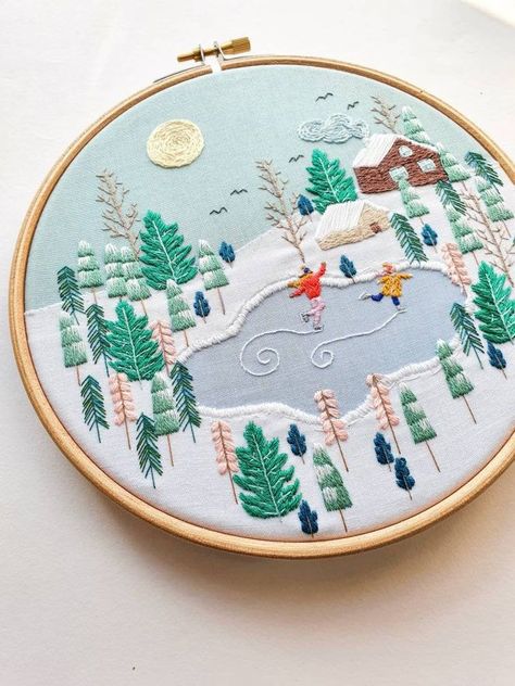 embroidery patterns Winter Scene Embroidery, Layered Fabric Embroidery, Snow Globe Embroidery, Cozy Embroidery, Snow Embroidery, Embroidery Pictures, Easter Embroidery Patterns, Men Embroidery, Pdf Embroidery Pattern