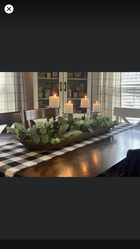 Long Farmhouse Table Centerpiece, How To Decorate A Long Dough Bowl, Long Center Piece For Dining Table, Rectangle Centerpieces Dining Rooms, White Farmhouse Dining Table Decor, Long Dining Room Centerpiece, Square Table Centerpiece Dining Rooms, Oval Dining Table Decor Centerpiece, Doughbowl Centerpiece Dining Rooms