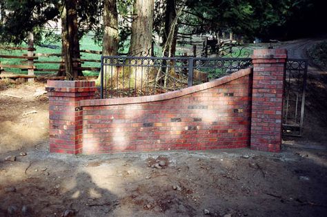 Brick Driveway Entrance, Brick Columns Driveway, Entrance Gates Driveway, Brick Wall Gardens, Driveway Entrance Landscaping, Brick Driveway, Brick Columns, Garden Wall Designs, Rain Chains