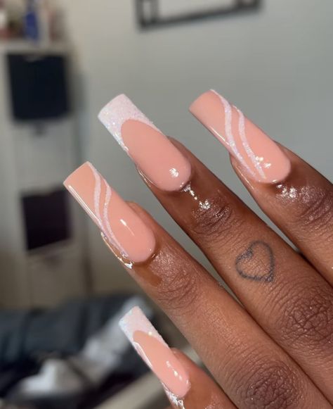 Medium Nail Designs, Cute Acrylic Nail Designs, Simple Acrylic Nails, Glitter Acrylics, White Glitter, Long Acrylic Nails, Cute Acrylic Nails, Acrylic Nail Designs, Simple Nails