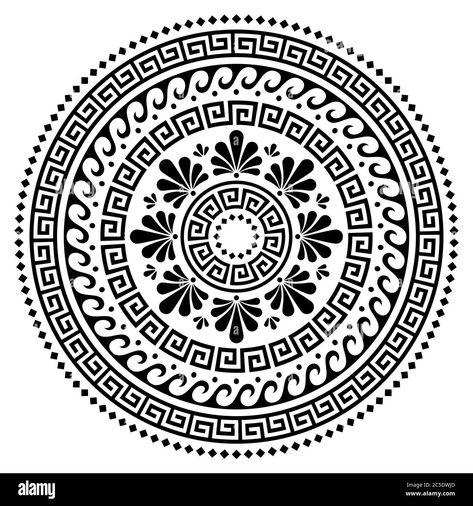 Download this stock vector: Greek vector boho mandala design, Ancient round wave and greek key pattern art in circle isolated on white - 2C5DWJD from Alamy's library of millions of high resolution stock photos, illustrations and vectors. Art In Circle, Black And White Bohemian, Bohemian Background, Greek Symbol, Greek Pattern, Boho Mandala, Mythology Tattoos, Greek Design, Design Mandala