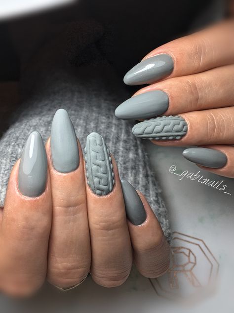 #nails #nailart #nudenails #sweaternails #sweaters #almondnails #greynails #mattnails Sweater Nails Gray, Grey Sweater Nail Design, Almond Nails Designs January, Gray Nails Almond, Gray Sweater Nails, Grey Sweater Nails, Marry Chirsmas, Christmas Nails Sweater Pattern, Sweater Pattern Nails