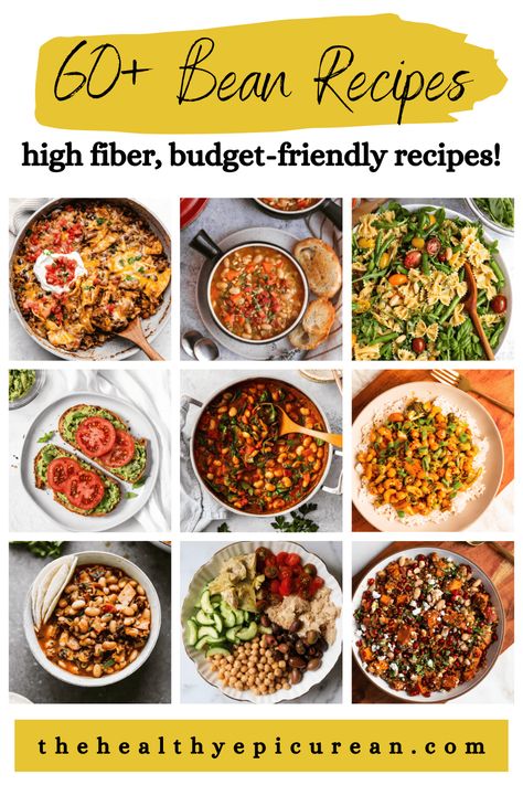 Beans are the perfect high fiber, protein rich ingredient to use in (almost) all of your recipes! I've gathered over 60 of the best delicious ways to use up a can of beans, including recipes for main dishes, soups, stews, chili, dips, casseroles and snacks. Pick your favorite (or make them all) and you'll be on your way to adding nutrition to your recipes and being budget-conscious when meal planning! High Protein Bean Recipes, Fiber Rich Meals, High Protein High Fiber Meals, Healthy Bean Recipes, High Fiber Meal Plan, Healthy Beans, Quinoa Sweet Potato, Bean Chili Recipe, Can Of Beans