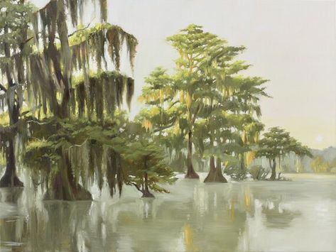 Bayou Serenity Giclée Landscape Print | Etsy Southern Office, Louisiana Landscape, Cabin Paint Colors, Room Nature, Office Artwork, Wedding Painting, Painting Living Room, Mystical Forest, Gold Leaf Painting