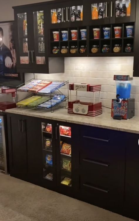 Basement Concession Stand, Home Theatre Snack Bar, Theater Room Snack Bar, Loft Kitchenette, Movie Room Snack Bar, Home Concession Stand, Basement Movie Room Ideas, Obsessed Garage, Small Cinema Room