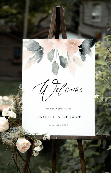 Sage Green And Blush Bridal Shower Ideas, Sage Green Wedding Theme, Floral Welcome Sign, Blush Wedding Decor, Green Themed Wedding, Pink Wedding Theme, Sage Wedding, Welcome Sign Template, Grey Wedding